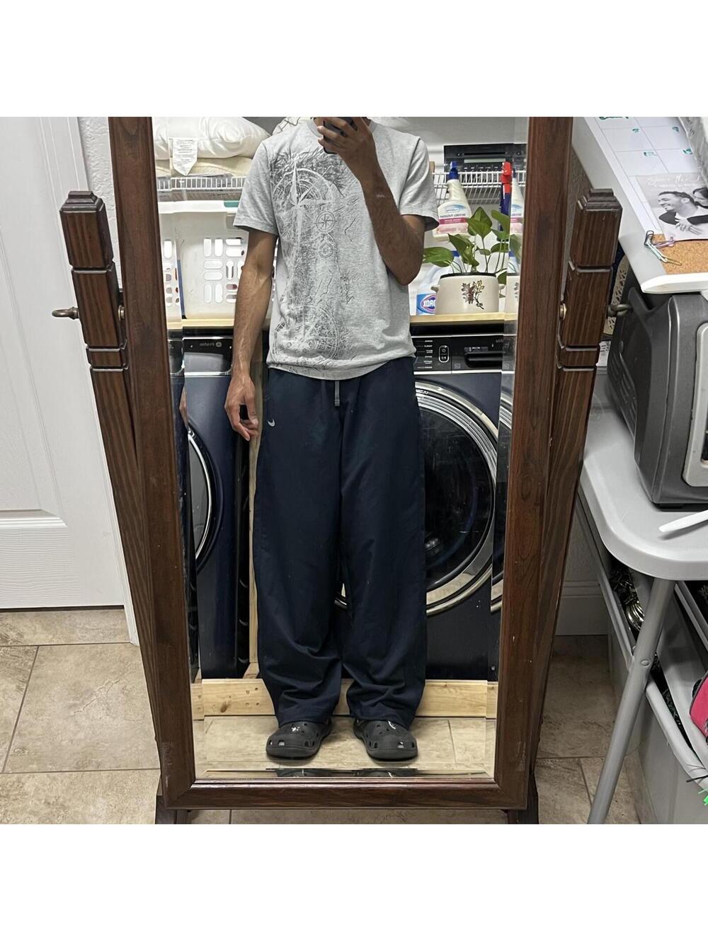 Y2K Nike Baggy Track Pants Mens L Navy Wide Leg Dri-Fit Drawstring